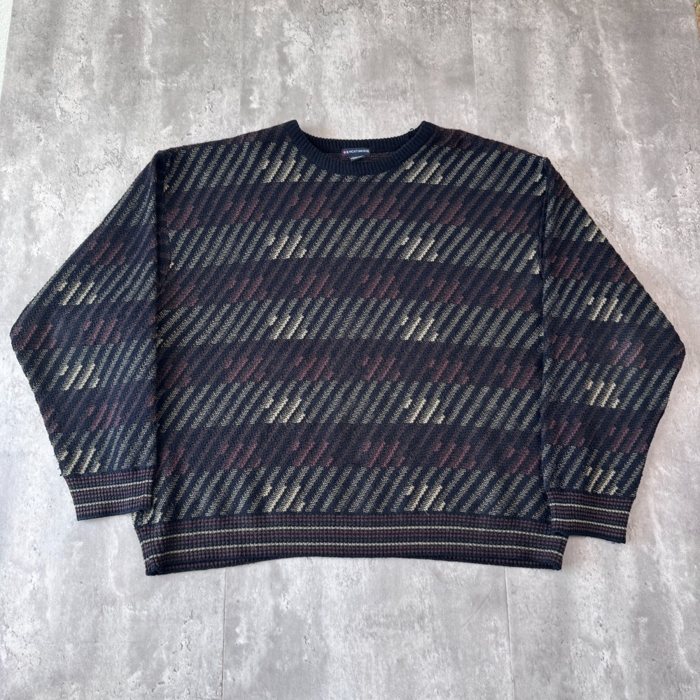 Vintage Knightsbridge Sweater Mens XL Black Wool Blend Geometric Grandpa Knit 90
